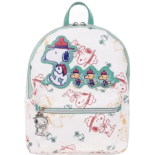 Peanuts Beagle Scout “Happy Trails Ahead” All-Over Print Mini Backpack, Featuring Snoopy and Woodstock, Daily Travel Backpack, Multicolor