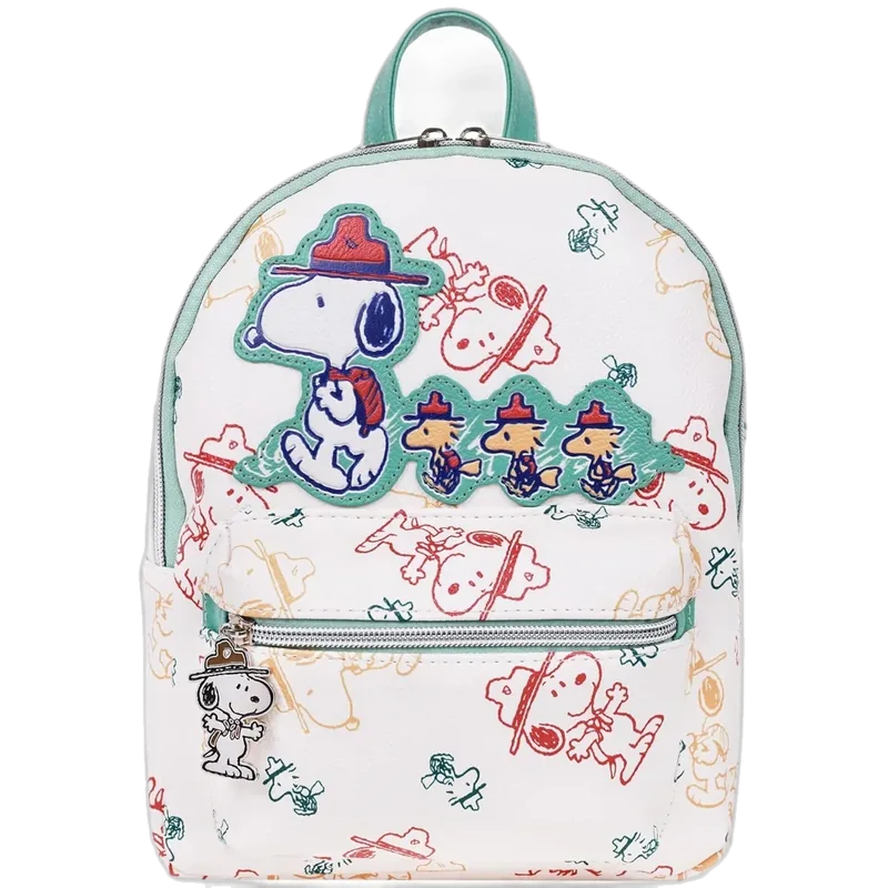 Peanuts Beagle Scout “Happy Trails Ahead” All-Over Print Mini Backpack, Featuring Snoopy and Woodstock, Daily Travel Backpack, Multicolor