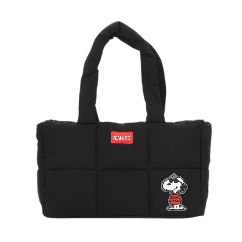 Bioworld Peanuts Puffer Tote Bag with Rubber and PU Badge, Black
