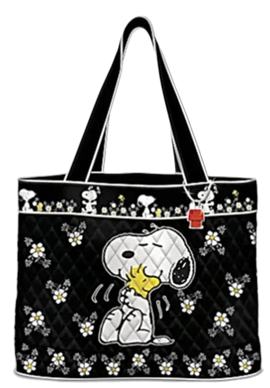 The Bradford Exchange PEANUTS Happiness Is Friendship Quilted Tote Bag, Snoopy and Woodstock Diamond-Quilted Fabric Bag with Dog House Charm