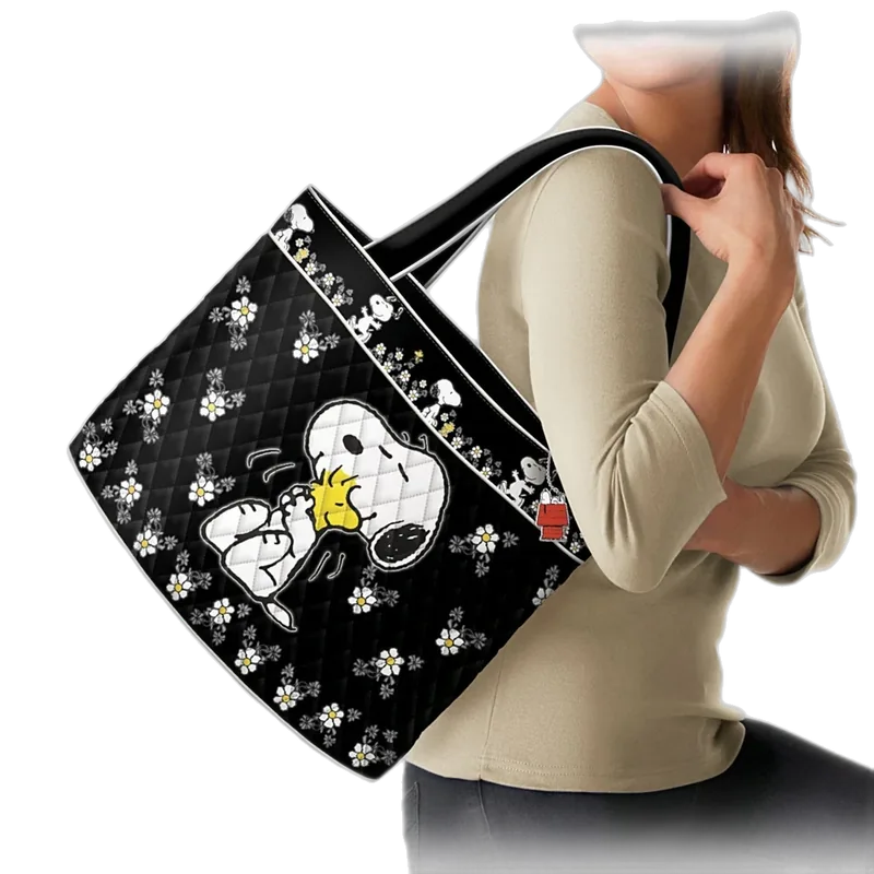 The Bradford Exchange PEANUTS Happiness Is Friendship Quilted Tote Bag, Snoopy and Woodstock Diamond-Quilted Fabric Bag with Dog House Charm