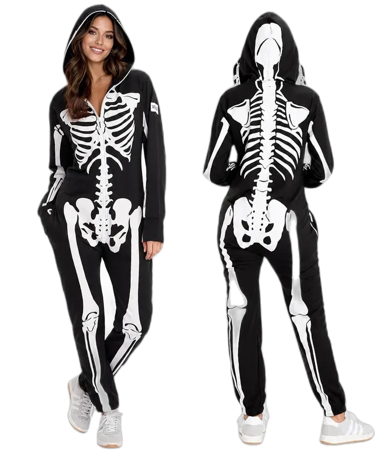 Tipsy Elves Halloween Skeleton Costume for Women, Comfy Easy Adult Onesie Jumpsuit, Front and Back Print with Zip Up Mask