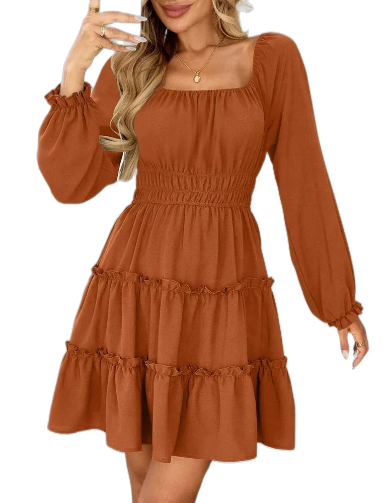Amoretu Women's Square Neck Long Sleeve Tiered Ruffle A-Line Flowy Mini Dress with Pockets, Burnt Orange