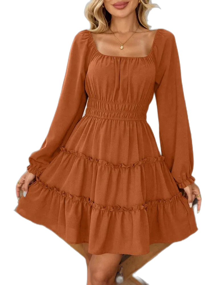 Amoretu Women's Square Neck Long Sleeve Tiered Ruffle A-Line Flowy Mini Dress with Pockets, Burnt Orange