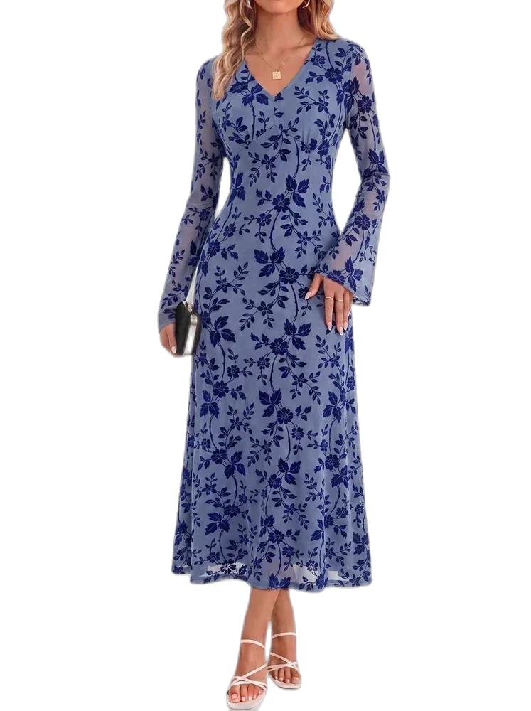 GRACE KARIN Women's Long Sleeve Floral Maxi Dress, V-Neck Bodycon Sheath Dress with Bell Sleeves