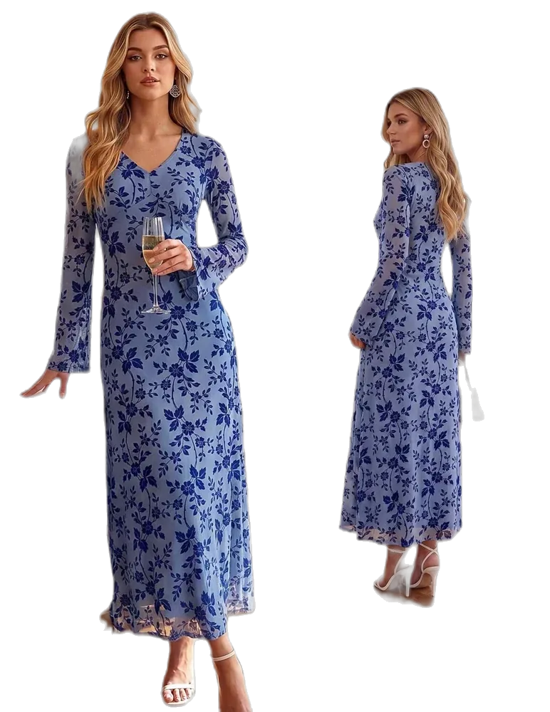 GRACE KARIN Women's Long Sleeve Floral Maxi Dress, V-Neck Bodycon Sheath Dress with Bell Sleeves