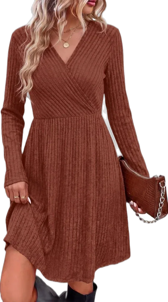 WIHOLL Fall Dresses for Women, Long Sleeve A-Line Dress with Pockets, Surplice V-Neck Ribbed Knit