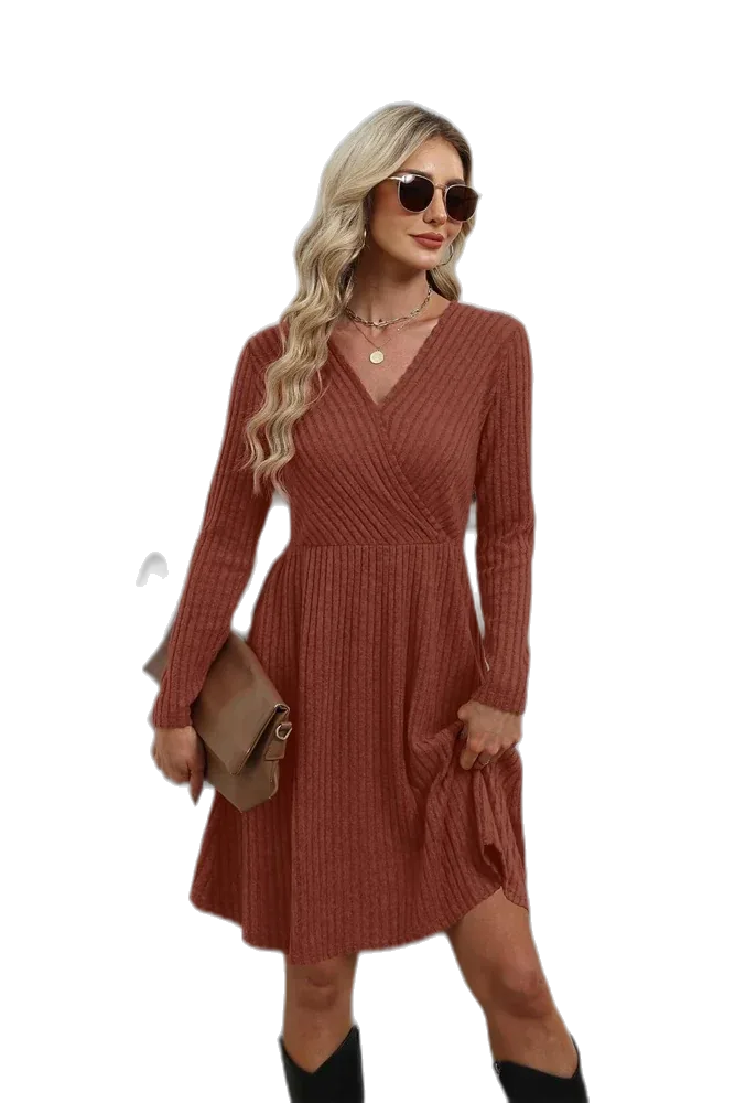 WIHOLL Fall Dresses for Women, Long Sleeve A-Line Dress with Pockets, Surplice V-Neck Ribbed Knit
