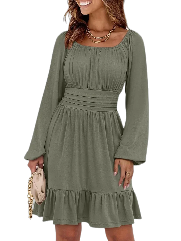 ANRABESS Women's Long Lantern Sleeve Square Neck Elastic Waist Ruffle Flowy A-Line Mini Dress