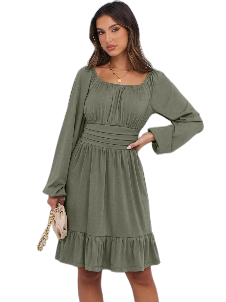ANRABESS Women's Long Lantern Sleeve Square Neck Elastic Waist Ruffle Flowy A-Line Mini Dress