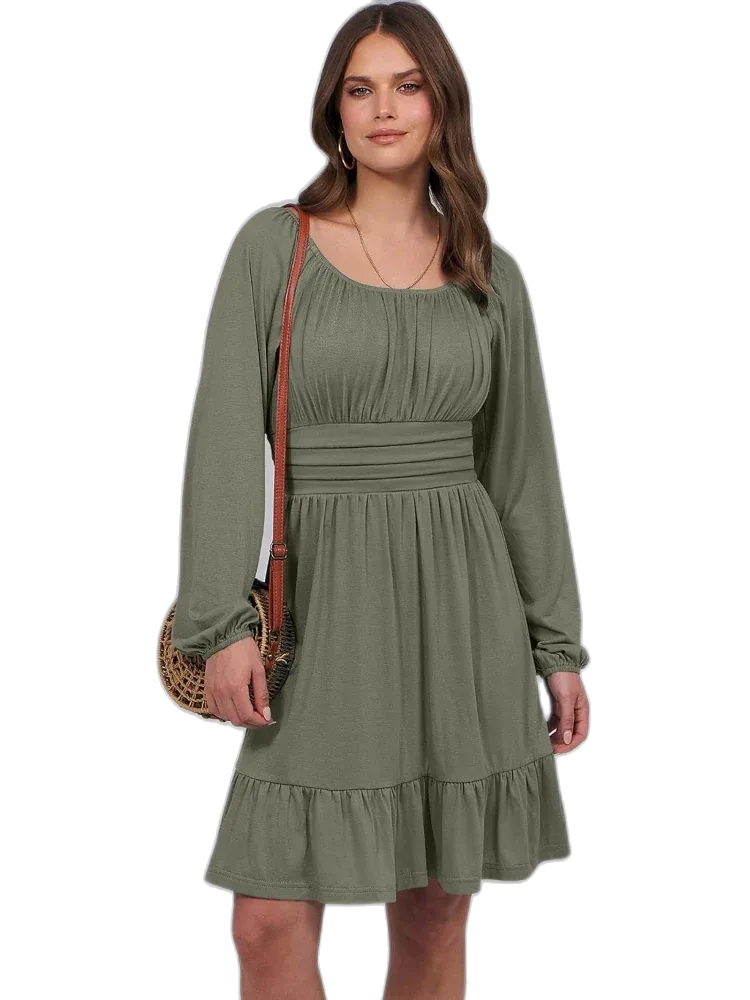 ANRABESS Women's Long Lantern Sleeve Square Neck Elastic Waist Ruffle Flowy A-Line Mini Dress