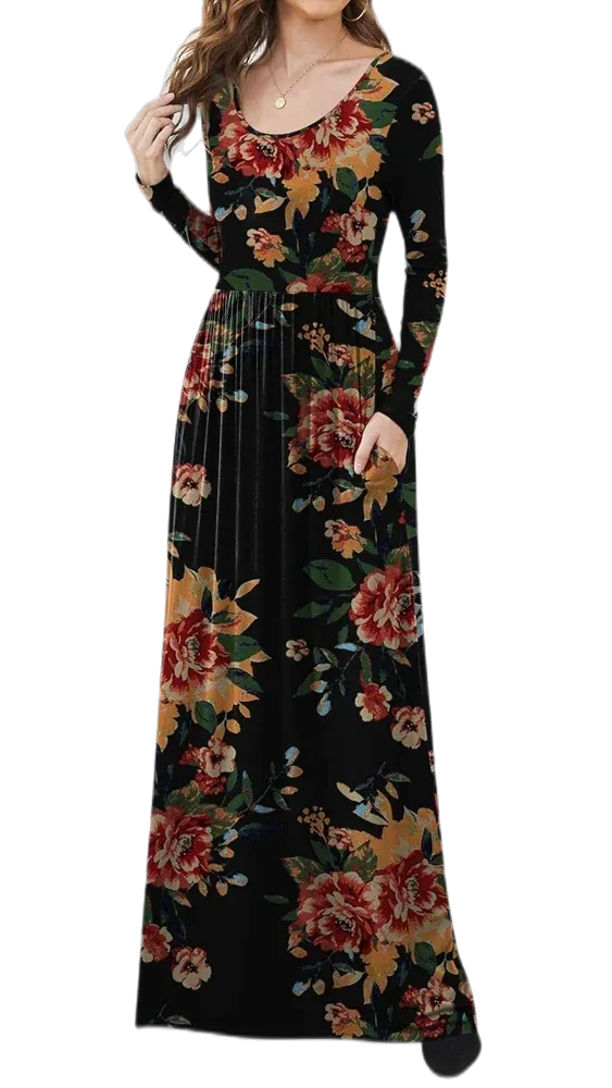 Women's Fall Long Sleeve Maxi Dress, Crew Neck Tribal Print A-Line Dress, Earth tones, geometric pattern, fit and flare, western style, vintage look
