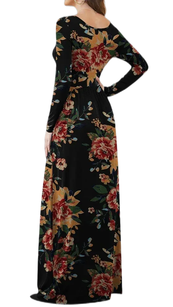 Women's Fall Long Sleeve Maxi Dress, Crew Neck Tribal Print A-Line Dress, Earth tones, geometric pattern, fit and flare, western style, vintage look