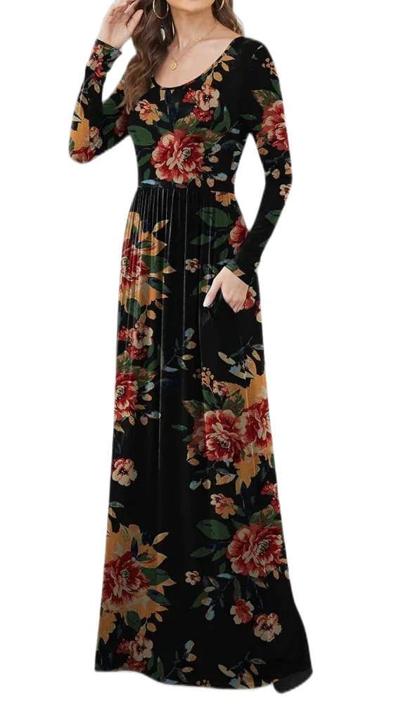 Women's Fall Long Sleeve Maxi Dress, Crew Neck Tribal Print A-Line Dress, Earth tones, geometric pattern, fit and flare, western style, vintage look