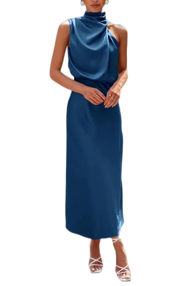 PRETTYGARDEN Women's Summer Satin Maxi Cocktail Dress, Sleeveless High Neck, Fit & Flare, Asymmetric Long, Elegant Formal