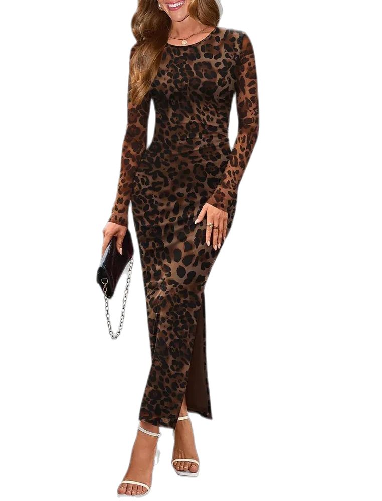 WIHOLL Women's Maxi Bodycon Dress, Fall Fashion Long Sleeve Floral Print Fitted Party Club Ruched Dress