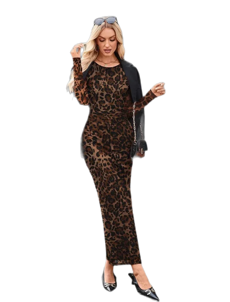 WIHOLL Women's Maxi Bodycon Dress, Fall Fashion Long Sleeve Floral Print Fitted Party Club Ruched Dress