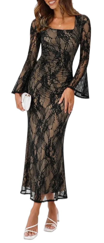 Sipaya Women's Bodycon Long Dresses, Long Sleeve, Square Neck, Fall Fashion, Wedding Guest Outfits