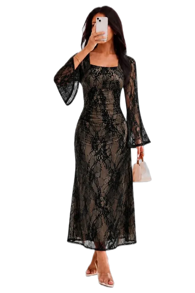 Sipaya Women's Bodycon Long Dresses, Long Sleeve, Square Neck, Fall Fashion, Wedding Guest Outfits