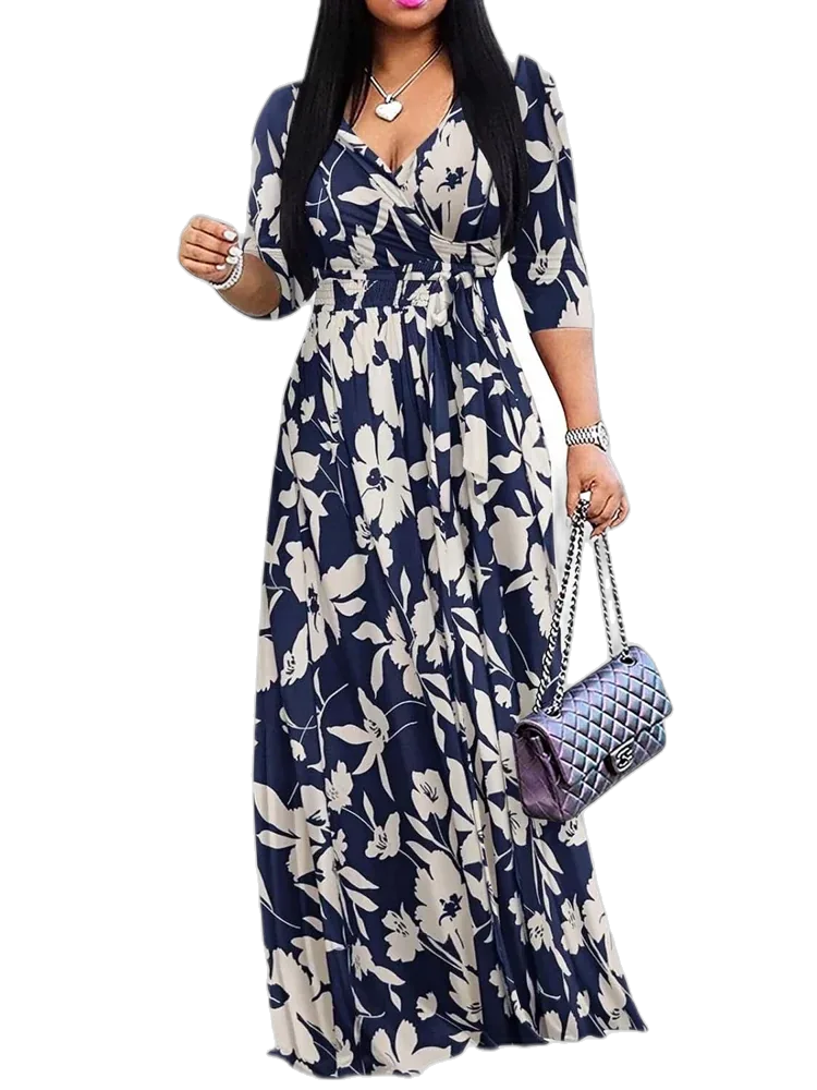 Yajedo Women's Maxi Dress, 3/4 Sleeves V Neck Cocktail Party Belted Wrap Sundress, Floral Print, Long Maxi Dresses