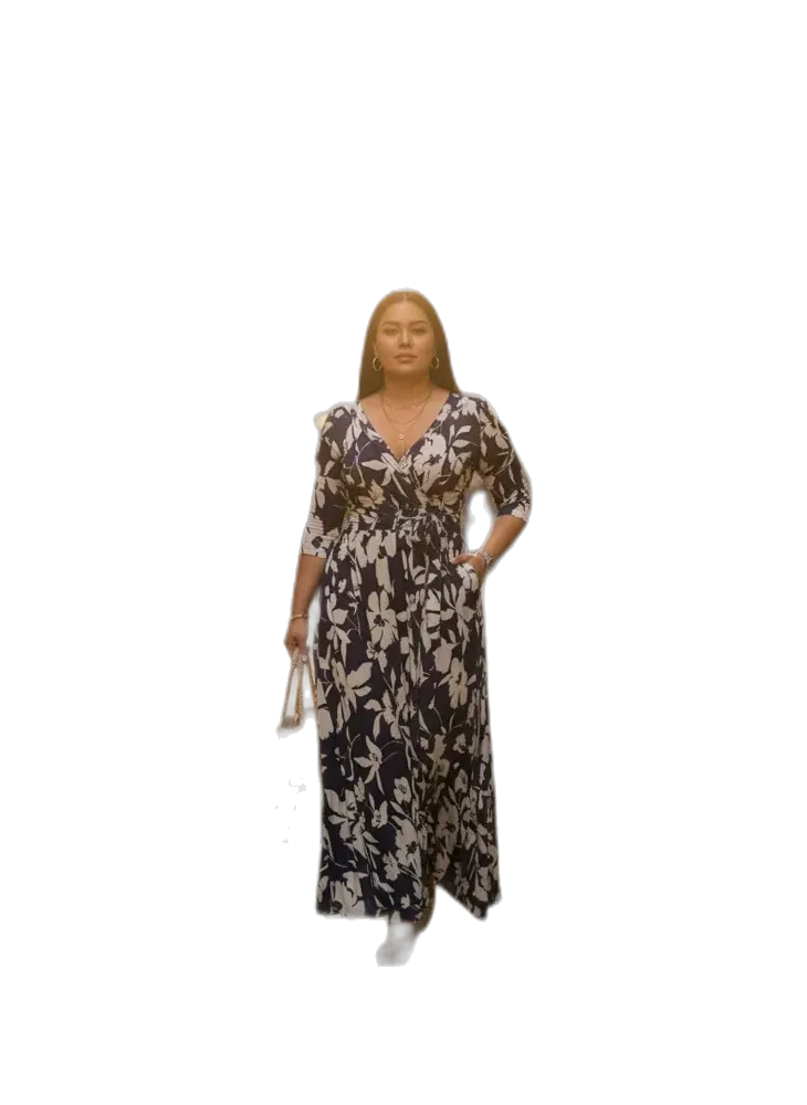 Yajedo Women's Maxi Dress, 3/4 Sleeves V Neck Cocktail Party Belted Wrap Sundress, Floral Print, Long Maxi Dresses