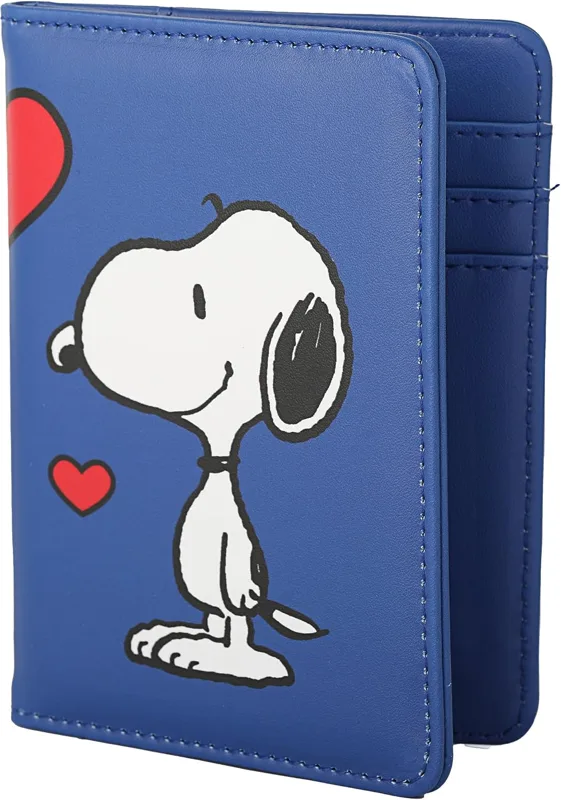 Peanuts Woodstock and Snoopy passport cover wallet in blue with red hearts, official license photo 1