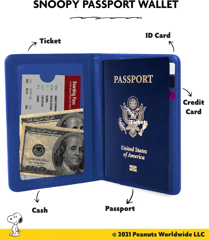 Peanuts Woodstock and Snoopy passport cover wallet in blue with red hearts, official license photo 2
