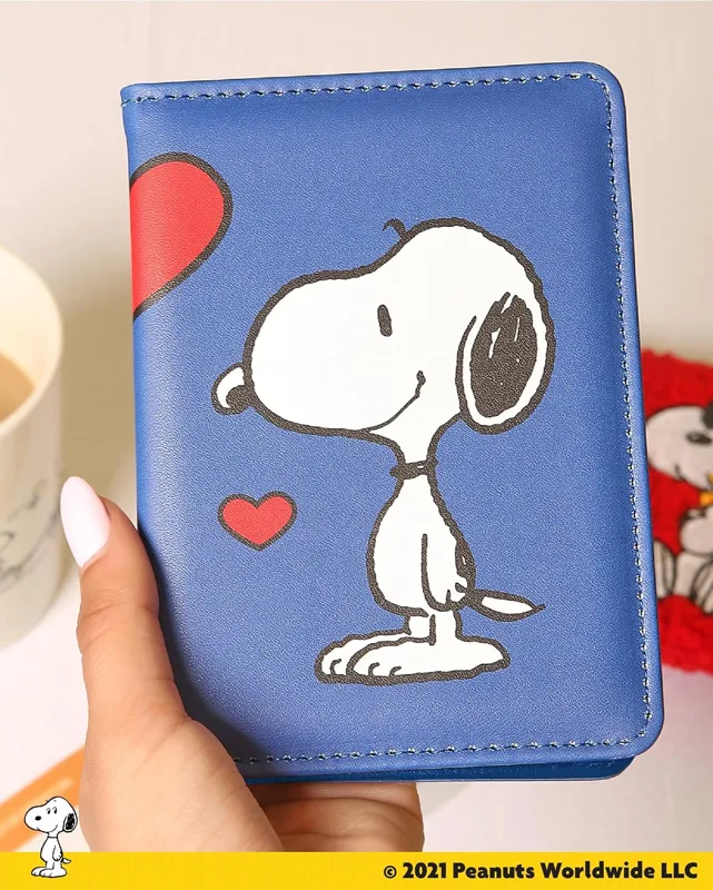Peanuts Woodstock and Snoopy passport cover wallet in blue with red hearts, official license photo 4