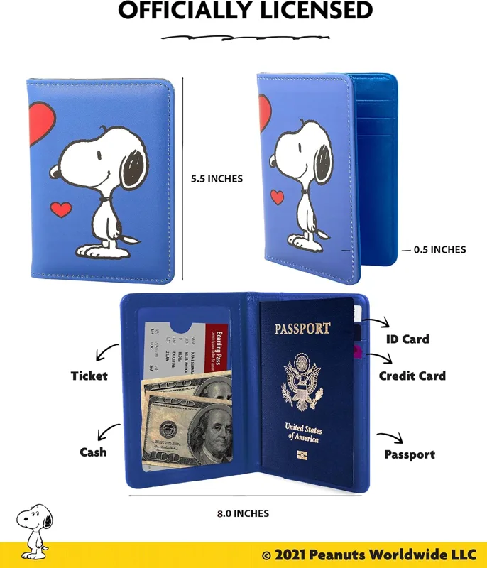 Peanuts Woodstock and Snoopy passport cover wallet in blue with red hearts, official license photo 5
