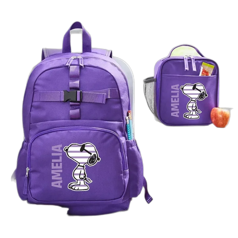 Let's Make Memories Kids Backpack for School - Personalized - PEANUTS SNOOPY Bookbag with Optional Lunch Box - Purple - Too Cool